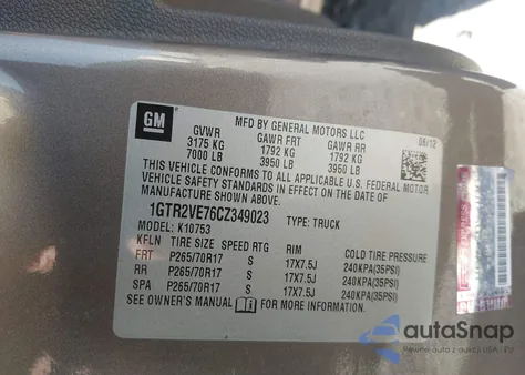 2012 GMC Sierra 1500 Sle z USA, uszkodzony, nr VIN 1GTR2VE76CZ349023